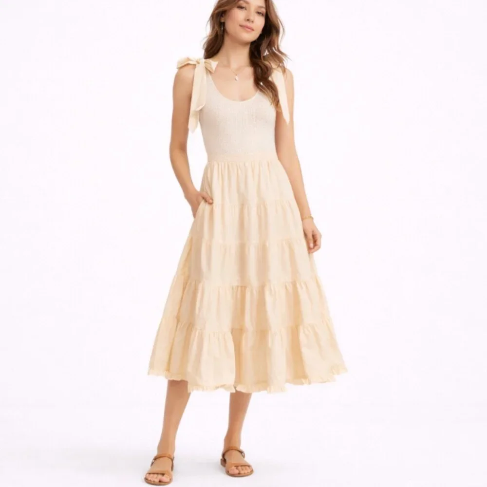 Ulla Johnson Tiered Midi Dress Ivory Oatmeal Cotton Boho Prairie Dress Hope